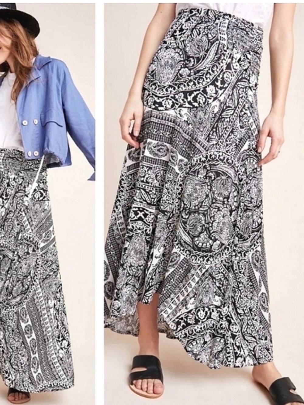 Maeve Issa Maxi Asymmetrical Skirt Size Medium Black and White Paisley Print
